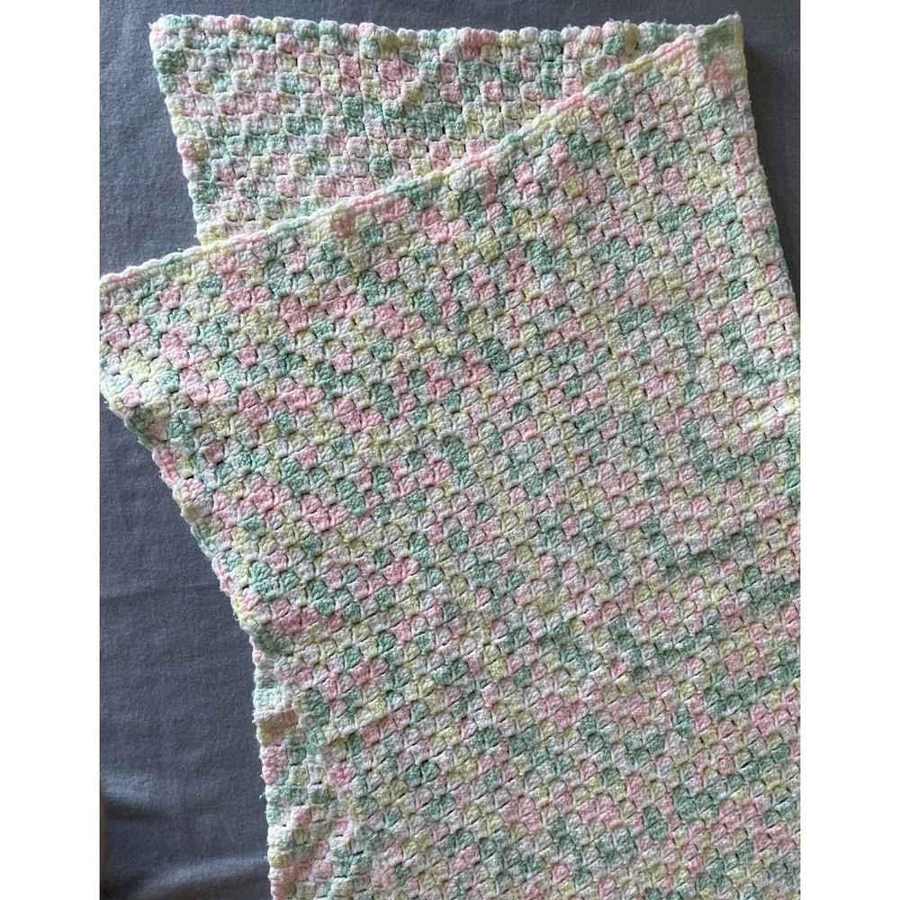Vintage Handmade Afghan Blanket Pink Mint Green Yellow Crochet‎ Throw 45x41" in